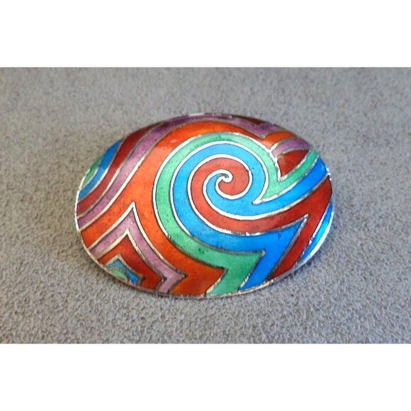Vtg Wild RAINBOW Spiral ENAMEL +STERLING Silver BROOCH is PENDANT Blue Green Red - Picture 5 of 7